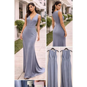 Sachin & Babi Loretta Gown Slate Blue Size 8 Deep V Sleeveless Formal Evening Ma